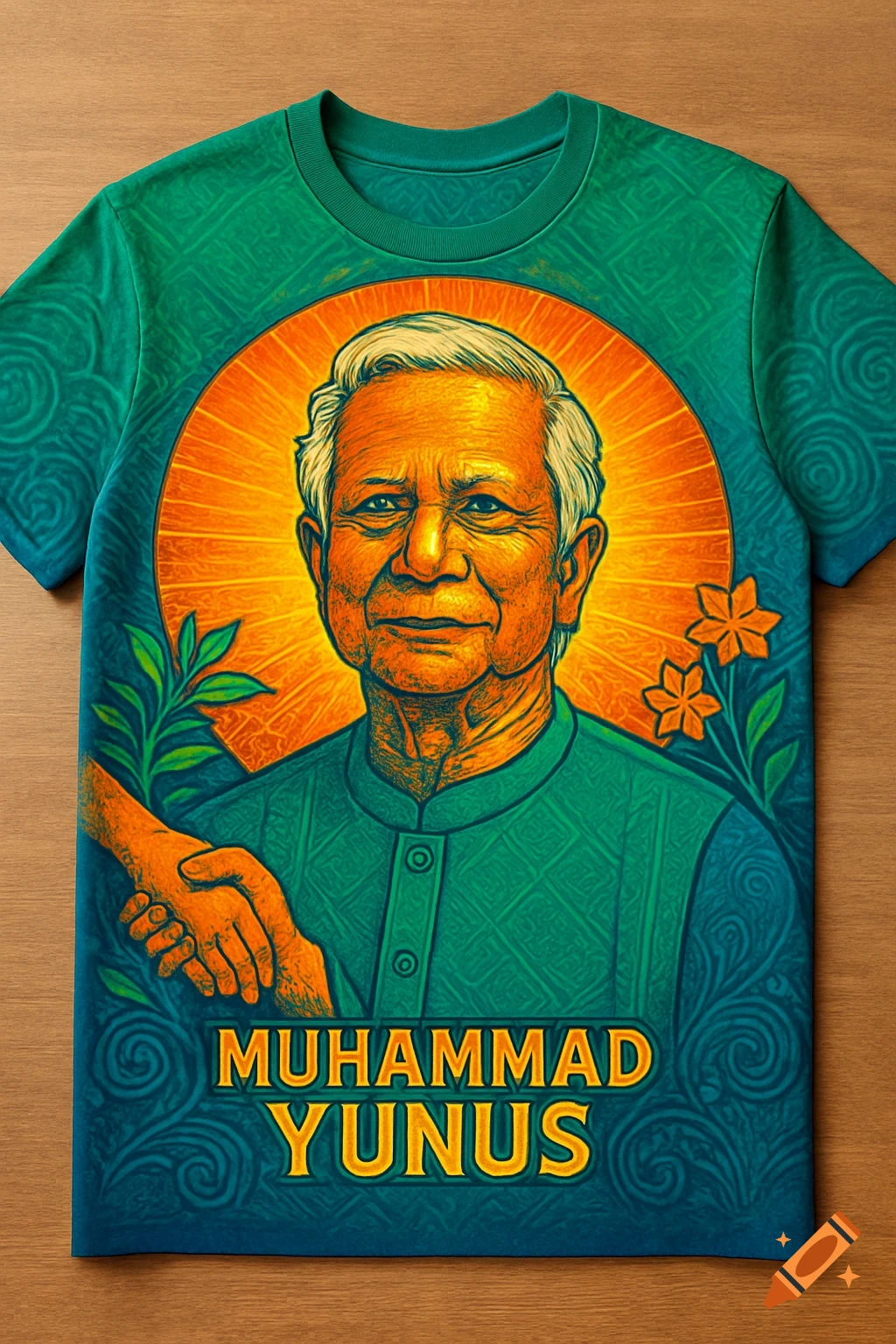 A green t-shirt features a stylized portrait of Muhammad Yunus, with his name below, a handshake, and floral designs.