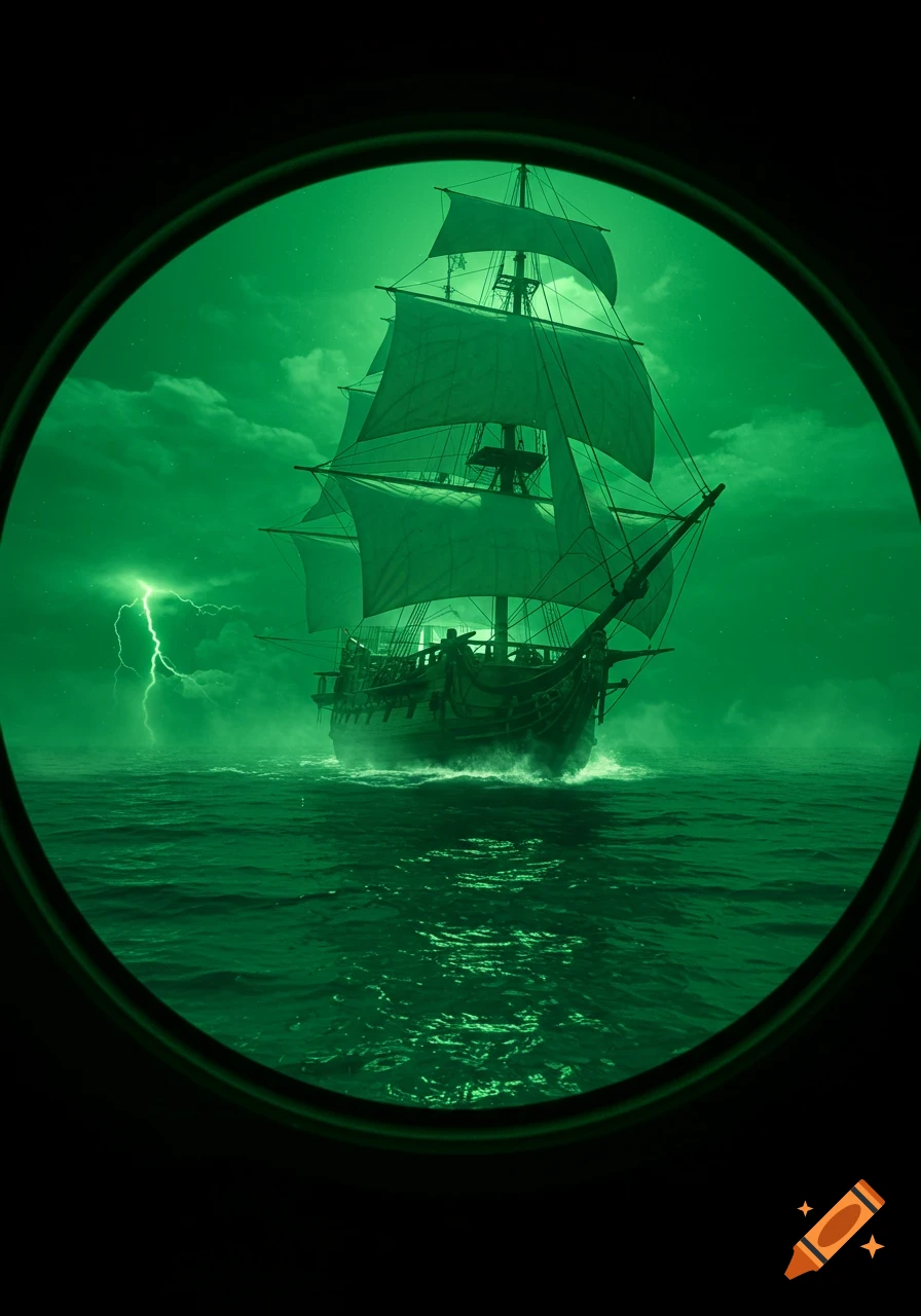 Green night vision view of an 18th-century pirate ship sailing a stormy ocean with lightning.