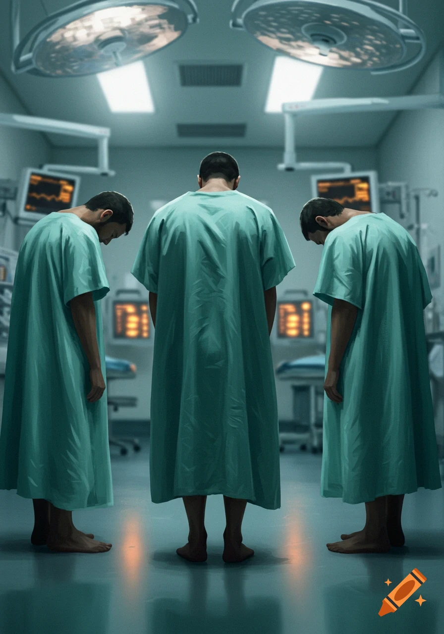 Three men in hospital gowns stand with their backs to the viewer, bent over in a medical operating room.