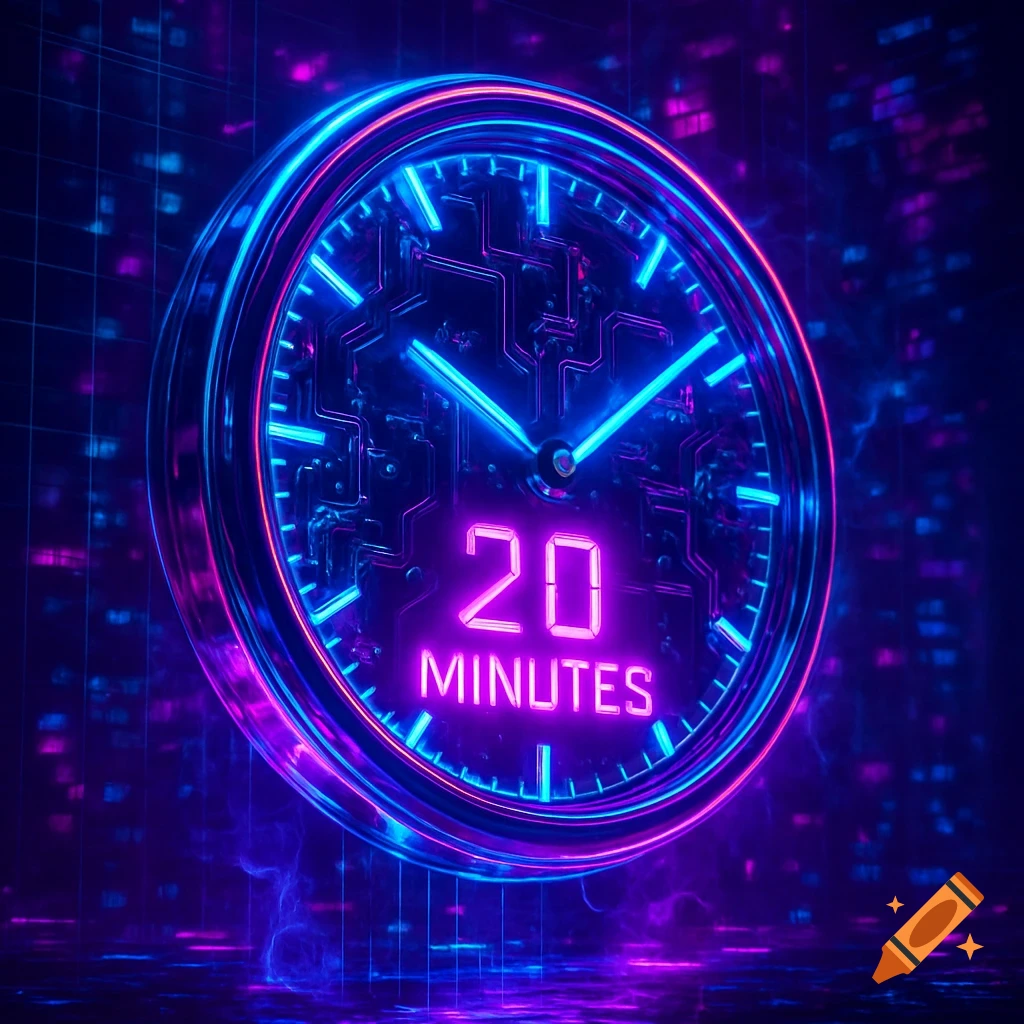 A neon blue and pink cyberpunk clock with circuit board details shows '20 MINUTES' against a grid background.