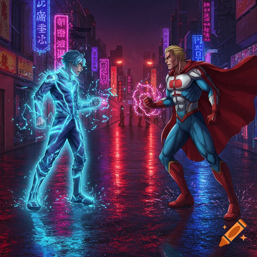 Two stylized male superheroes with glowing powers confront each other in a neon-lit, rainy cyberpunk city street.