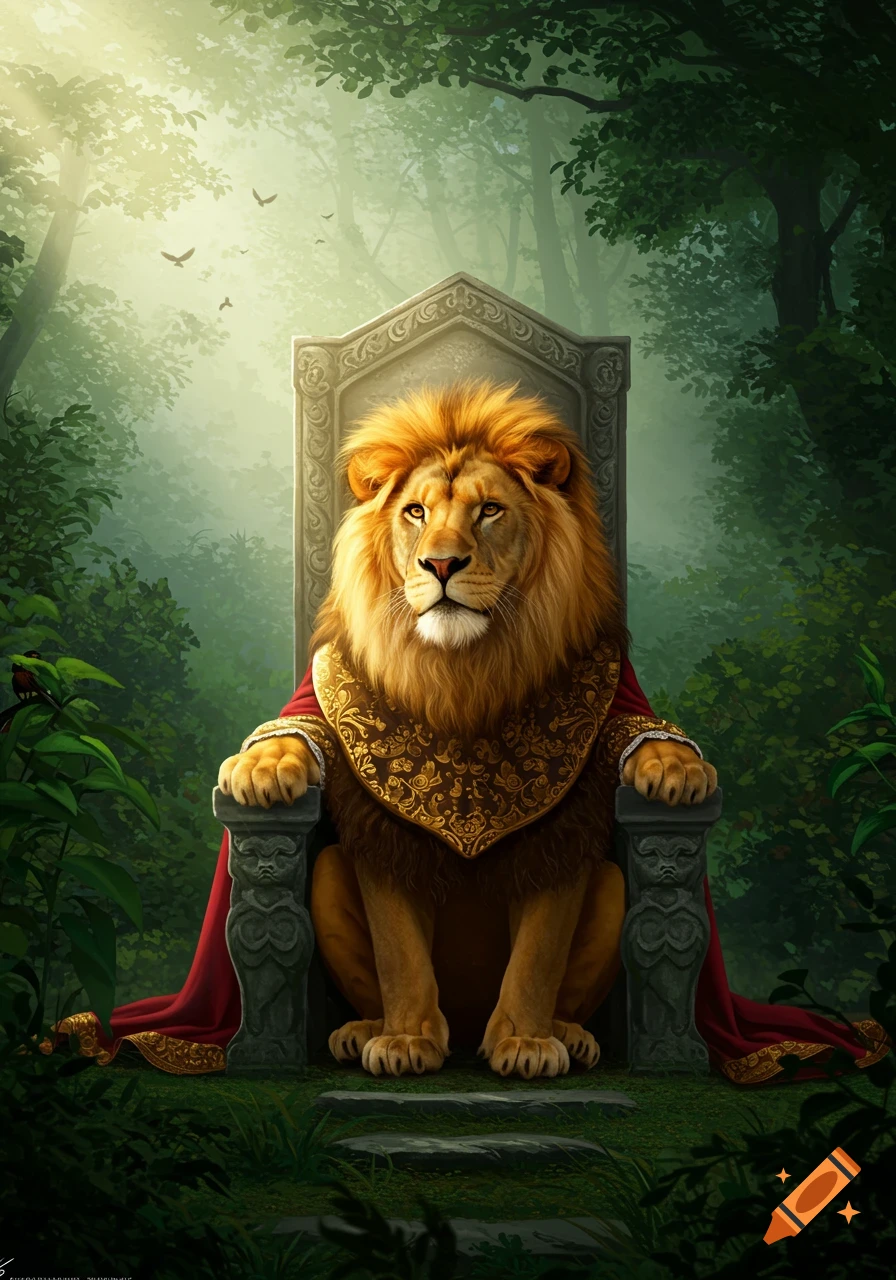 A majestic lion wearing a regal red and gold cape sits on an ornate stone throne in a lush, sunlit forest.