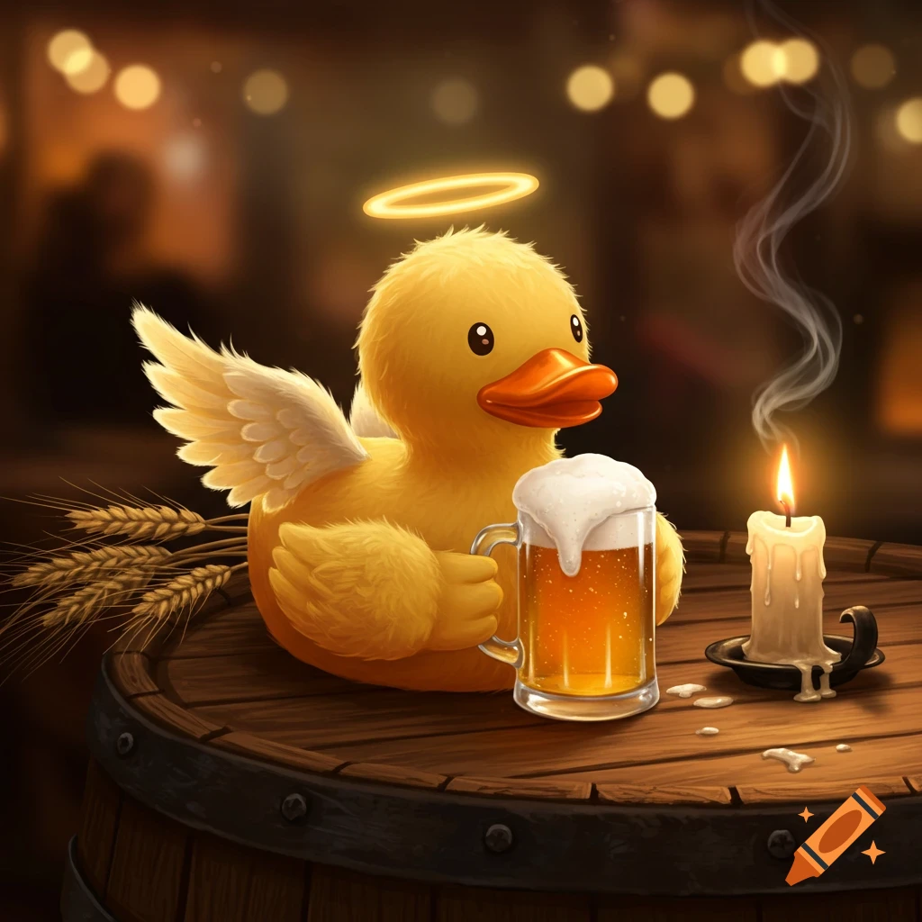 A cartoon angelic yellow rubber duck with wings and a halo holds a foamy mug of beer on a wooden barrel next to a lit candle.