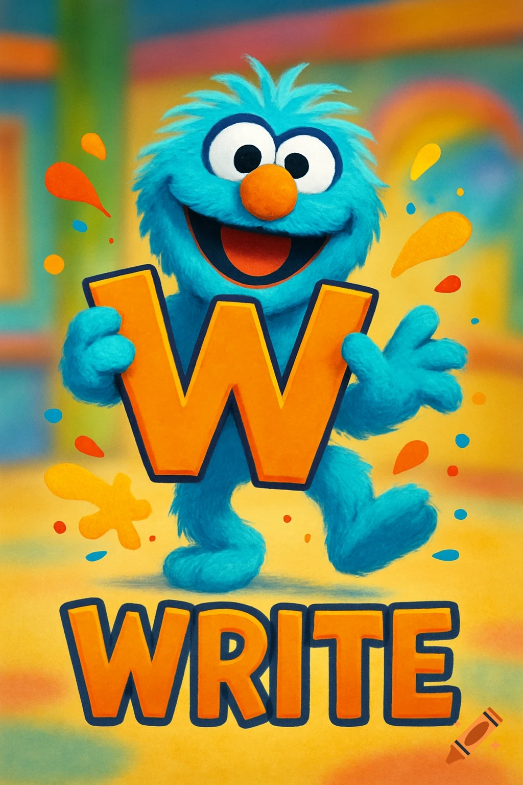 A fluffy blue monster with big eyes and an orange nose smiles widely, holding a large orange letter "W". Below, the word "WRITE" is in matching orange letters, all against a bright, colorful background.