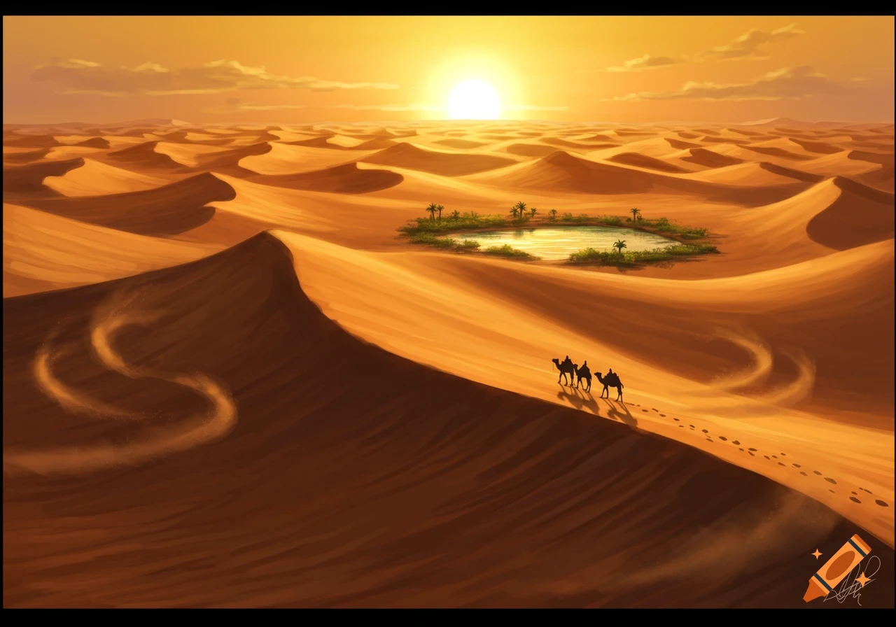 A desert landscape at sunset with rolling dunes, a small oasis, and a caravan of three camels.