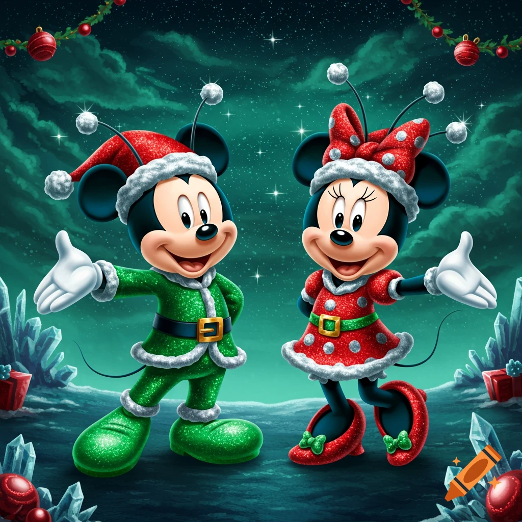 Mickey Mouse and Minnie Mouse in sparkly green and red Christmas-themed 'Martian Santa' outfits in a snowy, starry landscape.