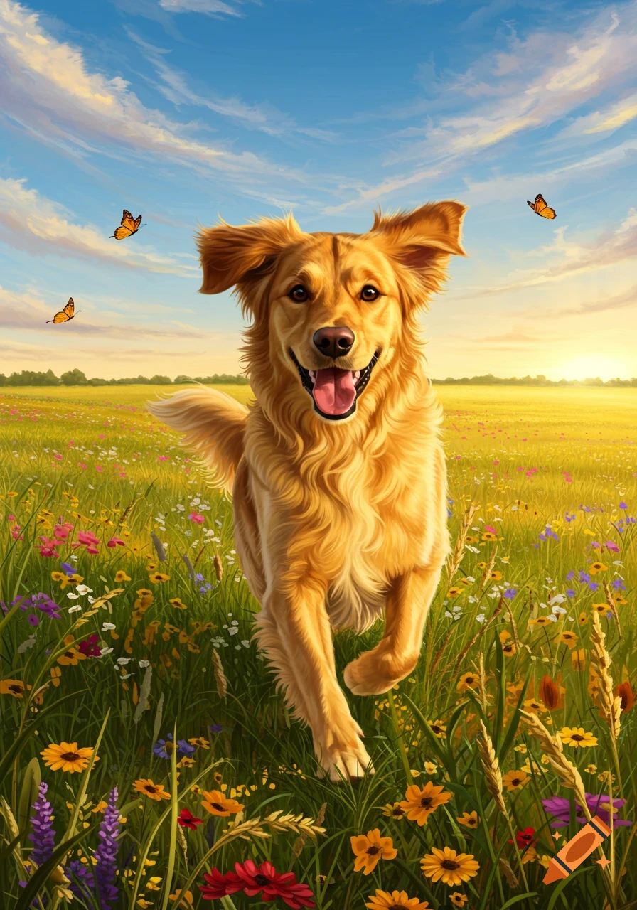 A happy golden retriever runs through a vibrant field of wildflowers under a sunny blue sky, with butterflies flitting around. Digital painting.