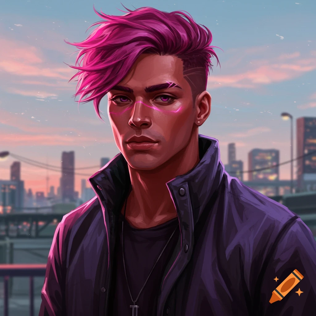 Digital art portrait of a man with vibrant pink hair, glowing pink marks on his face, and purple eyes, wearing a dark jacket, against an urban sunset skyline.