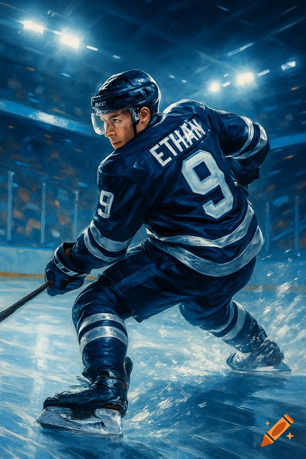 A male hockey player in a blue jersey with 'ETHAN' and '9' skates on an ice rink under bright lights, in a detailed digital painting style.