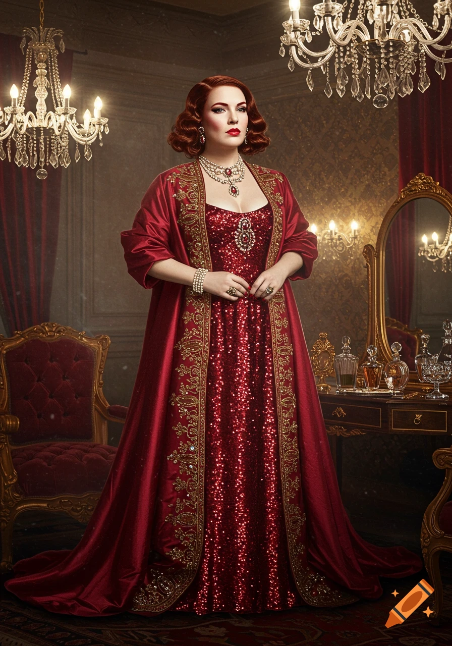 Red-haired woman in a glittering red gown and jewels stands in an opulent room with chandeliers, photorealistic.