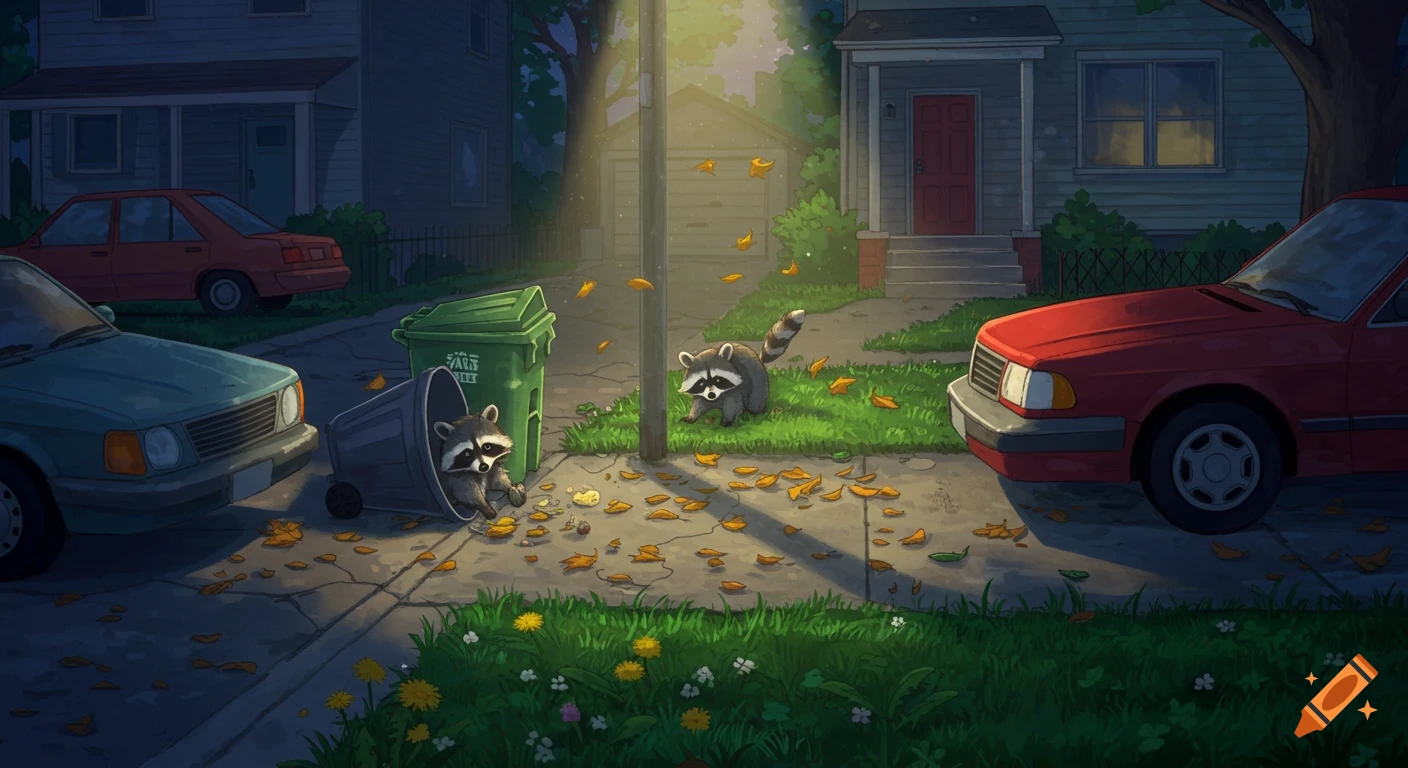 A cartoon illustration of two raccoons by trash cans on a suburban street at dusk, with fallen leaves, houses, and cars.