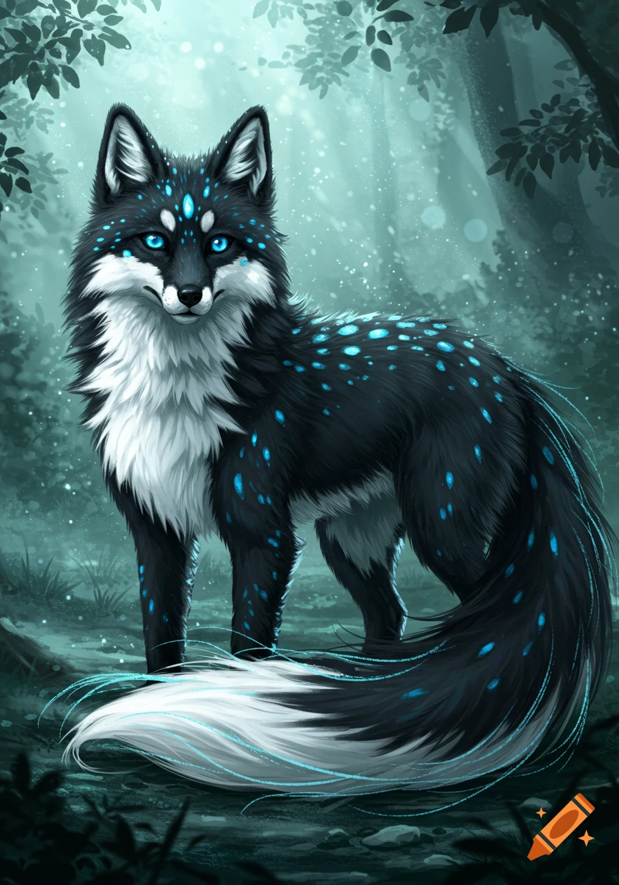 Fantasy black and white fox-husky hybrid with glowing blue spots and eyes in a magical forest, digital art.