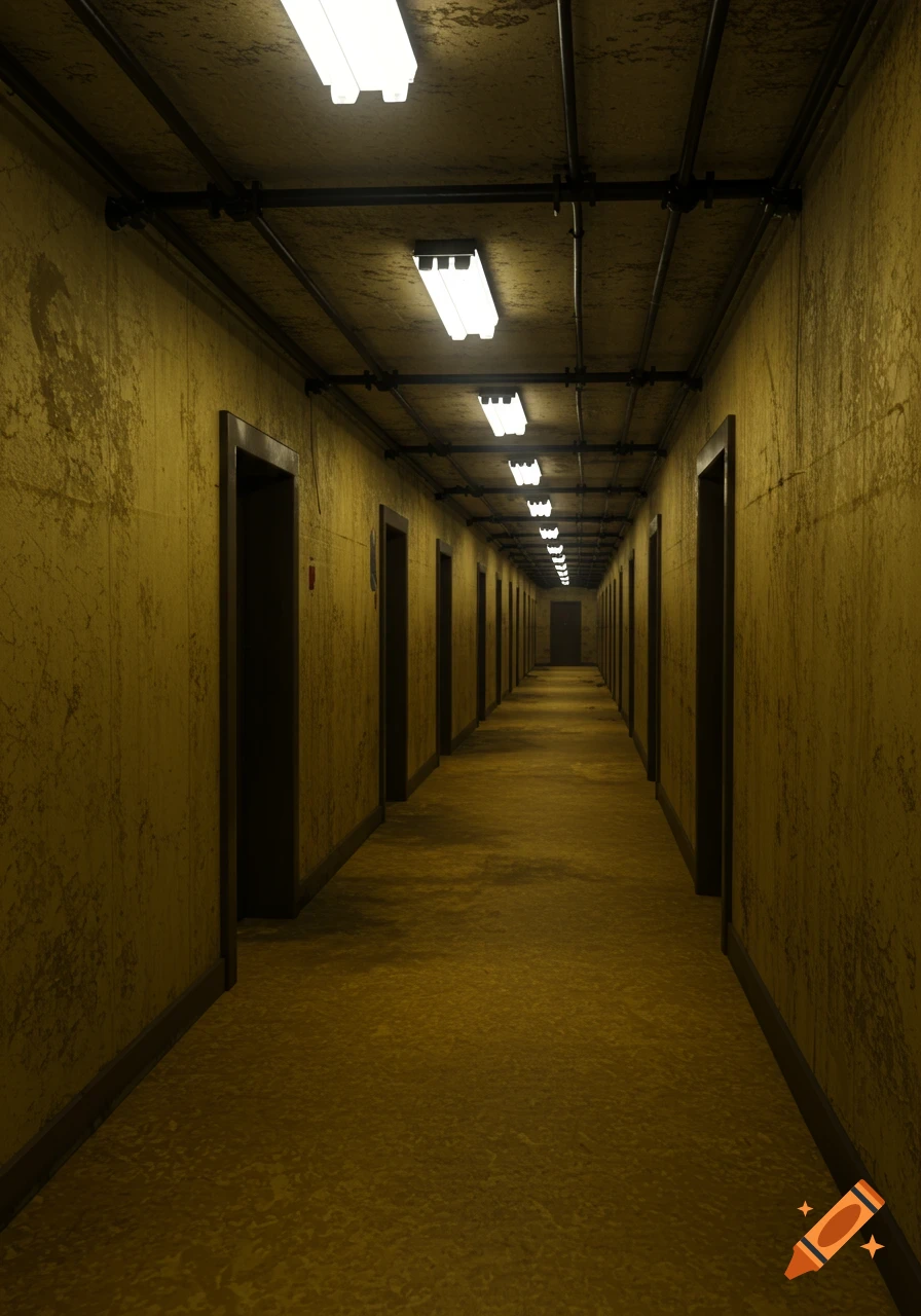 An eerie, long, empty hallway with grimy yellow walls and ceiling, exposed pipes, and fluorescent lights receding into the distance.