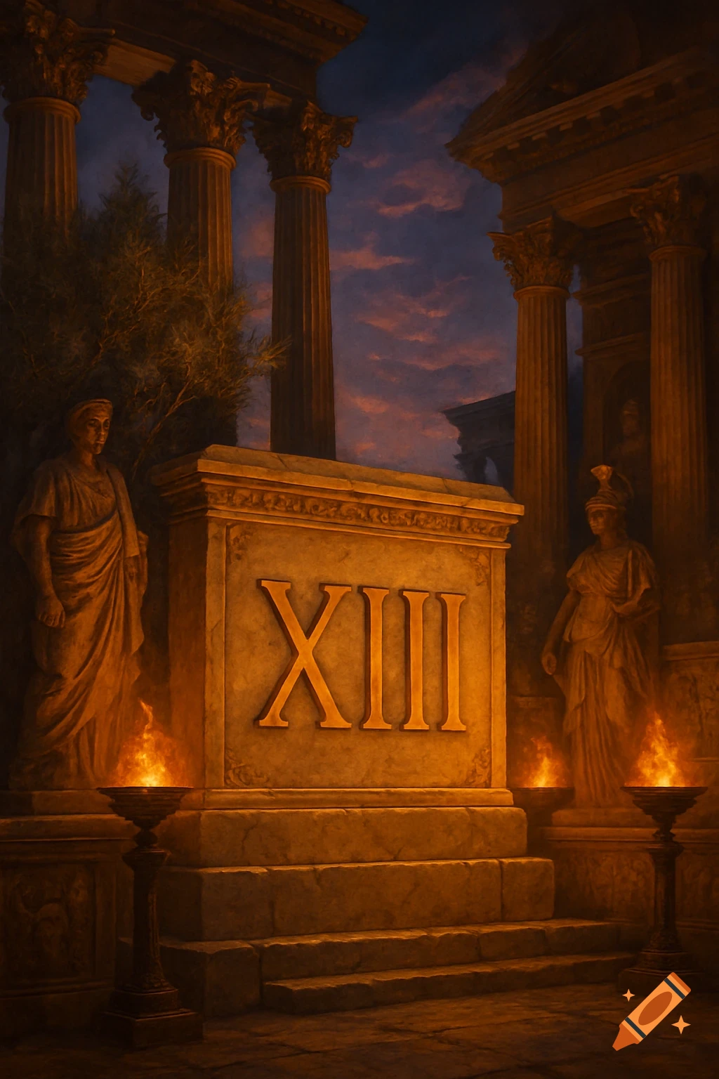 Roman temple ruins at dusk with a central block displaying 'XIII', flanked by classical statues, columns, and burning torches.