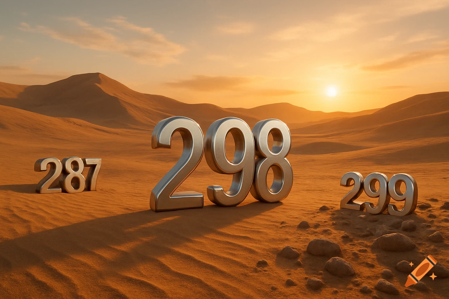 Photorealistic image of metallic numbers 298, 287, and 299 in a desert landscape at sunset.