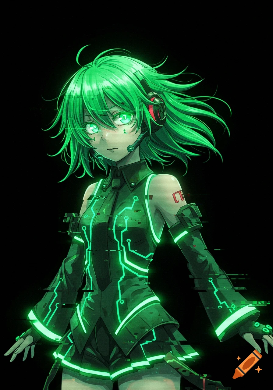 An anime girl with vibrant green hair, glowing green circuit patterns on her dark outfit, and a headset, against a black background.