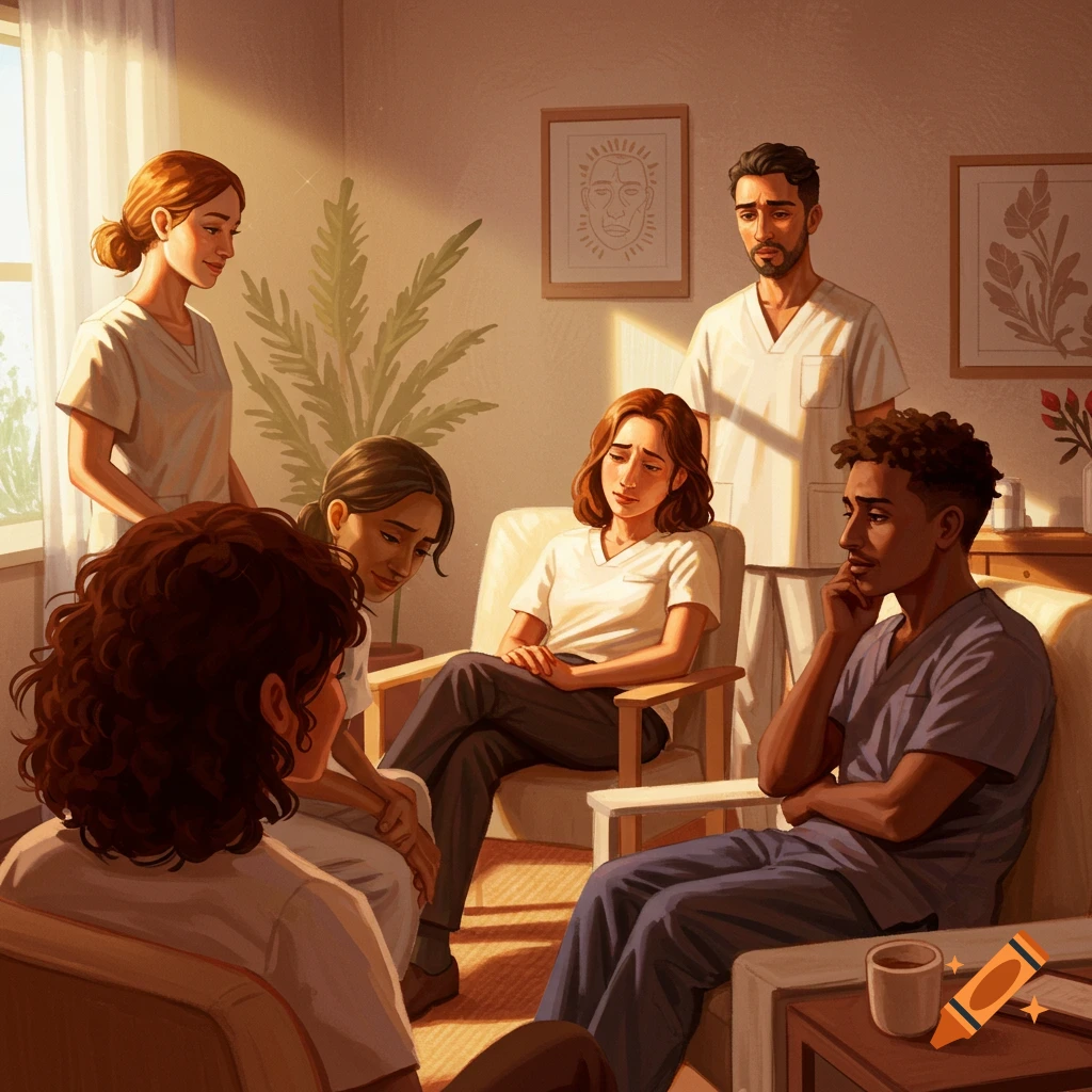 An illustration of a diverse group of people, some in medical scrubs, gathered in a sunny room, appearing to be in a therapy or support group session.