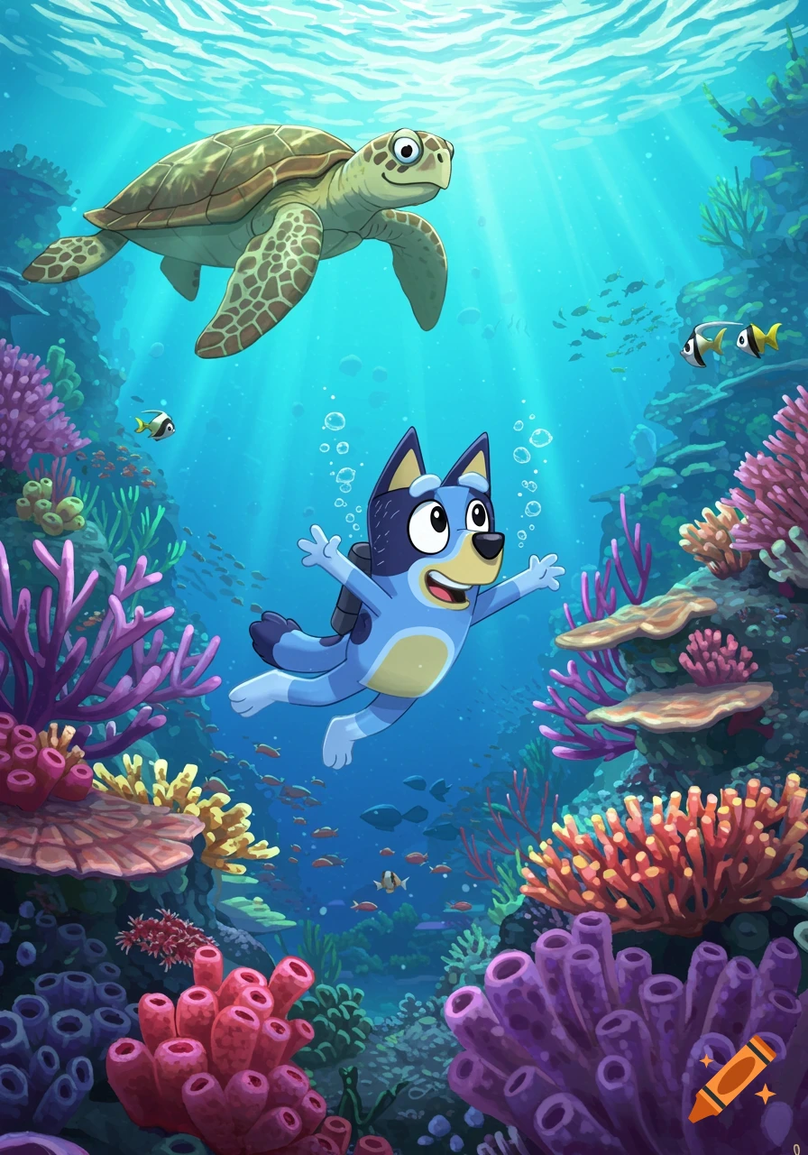 Animated Bluey scuba diving with a sea turtle and fish in a vibrant coral reef.
