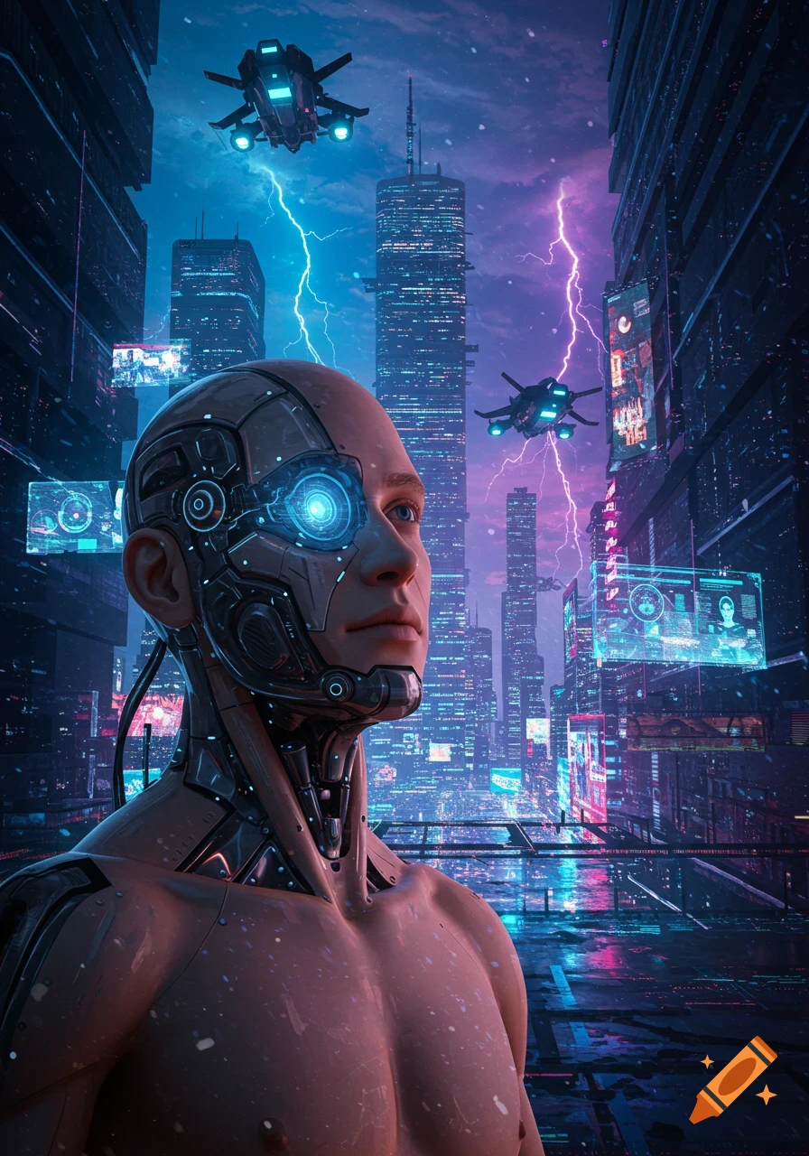 Cyborg with a glowing blue eye in a futuristic city at night with flying vehicles and lightning, cyberpunk style.