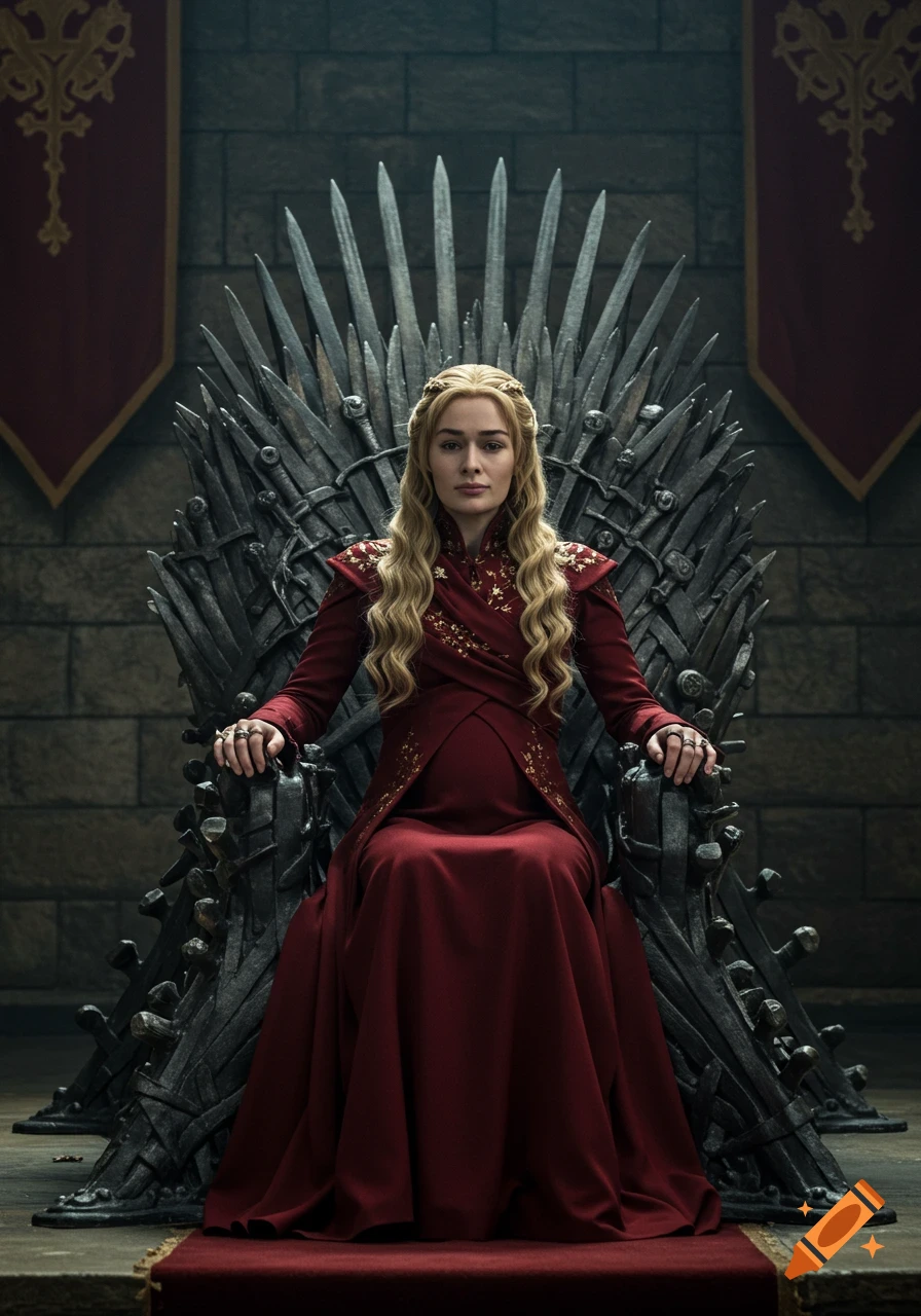 Cersei Lannister, pregnant and wearing a red and gold dress, sits regally on the Iron Throne with Lannister banners behind her.