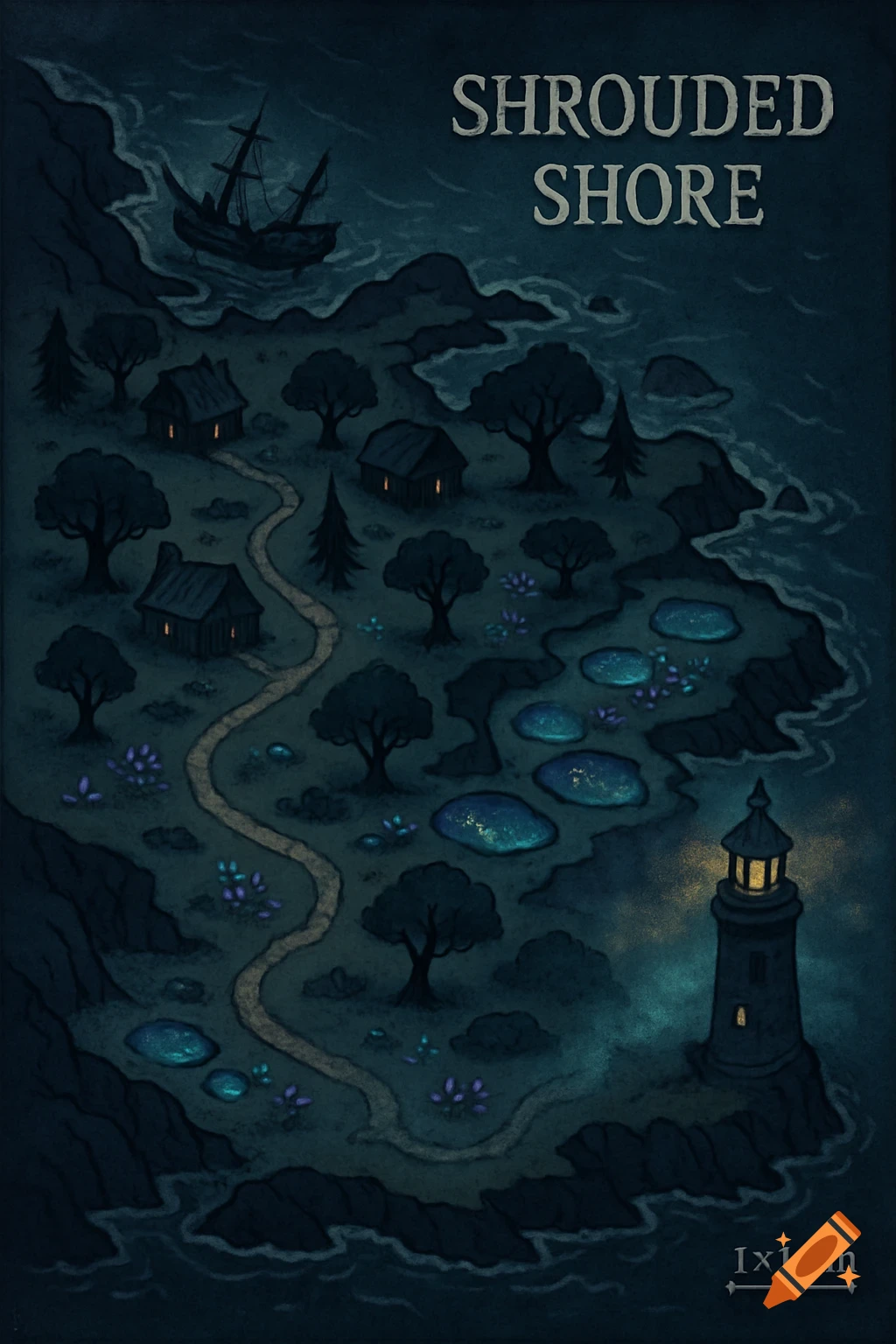 Top-down stylized fantasy map of 'Shrouded Shore' with a shipwreck, huts, glowing pools, and a lighthouse at twilight.