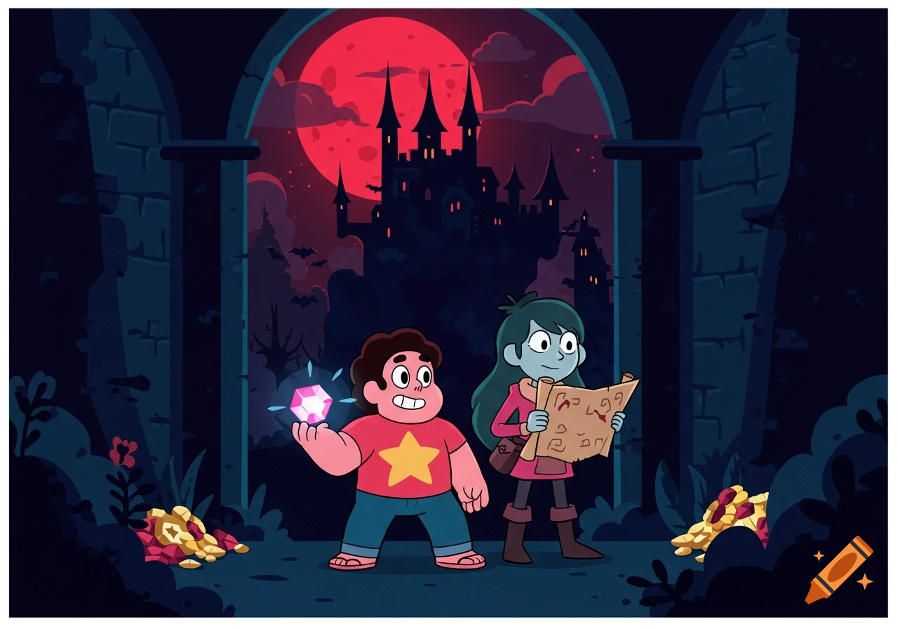 Steven Universe and Hilda explore a dark, haunted castle under a red moon. Steven holds a glowing gem, Hilda a map, with treasure nearby.