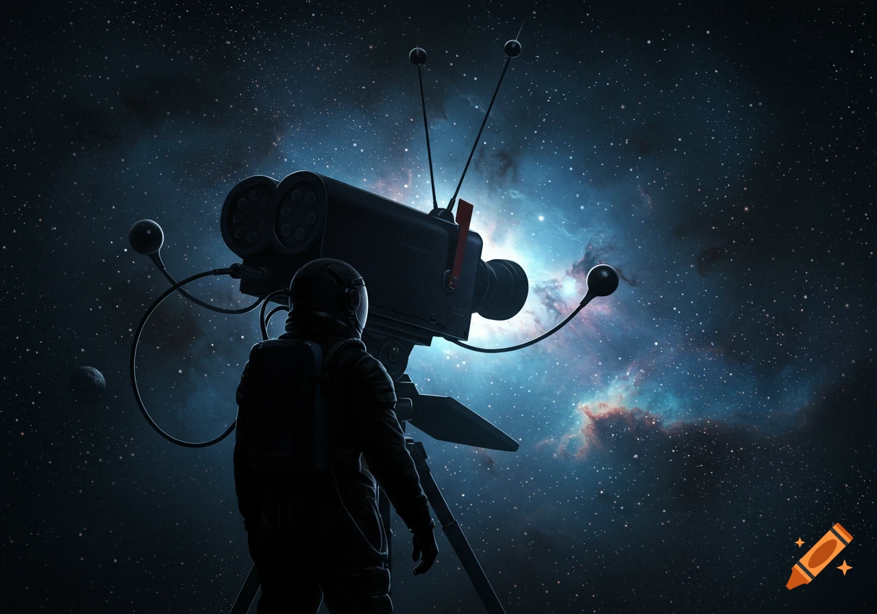 A dark silhouette of an astronaut stands behind a large, retro-futuristic camera with a mailbox flag, facing a vibrant nebula in space.