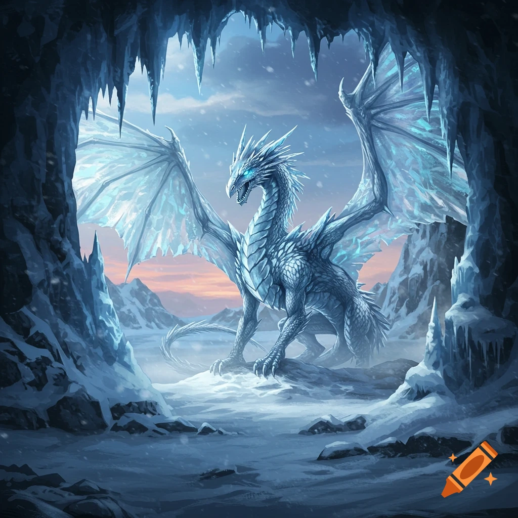 A majestic ice dragon with translucent wings sits in a snowy cave, framed by icicles, with a twilight sky in the background.