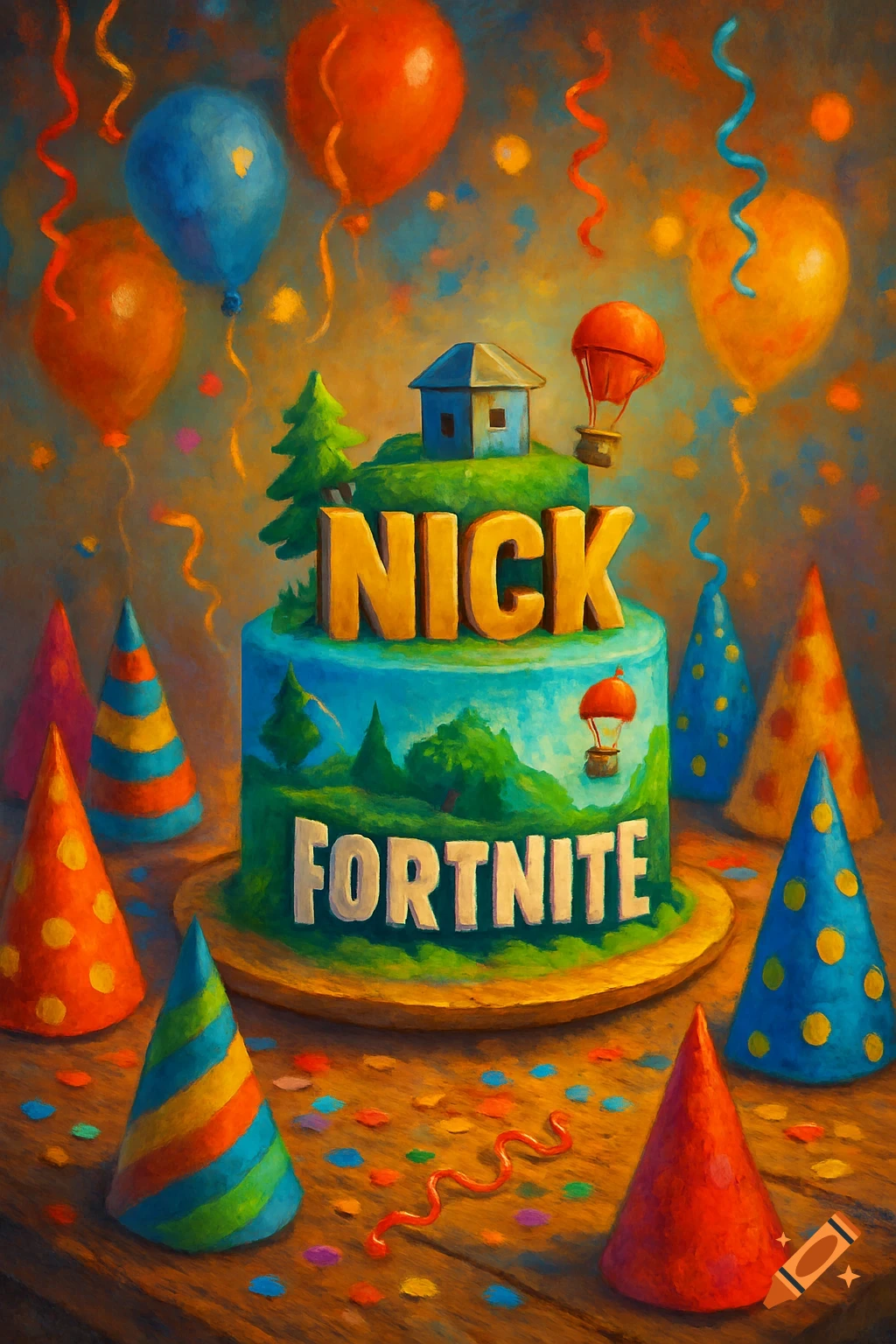 A colorful, painterly image of a Fortnite-themed birthday cake with 'Nick' and 'Fortnite' on it, surrounded by party hats and balloons.