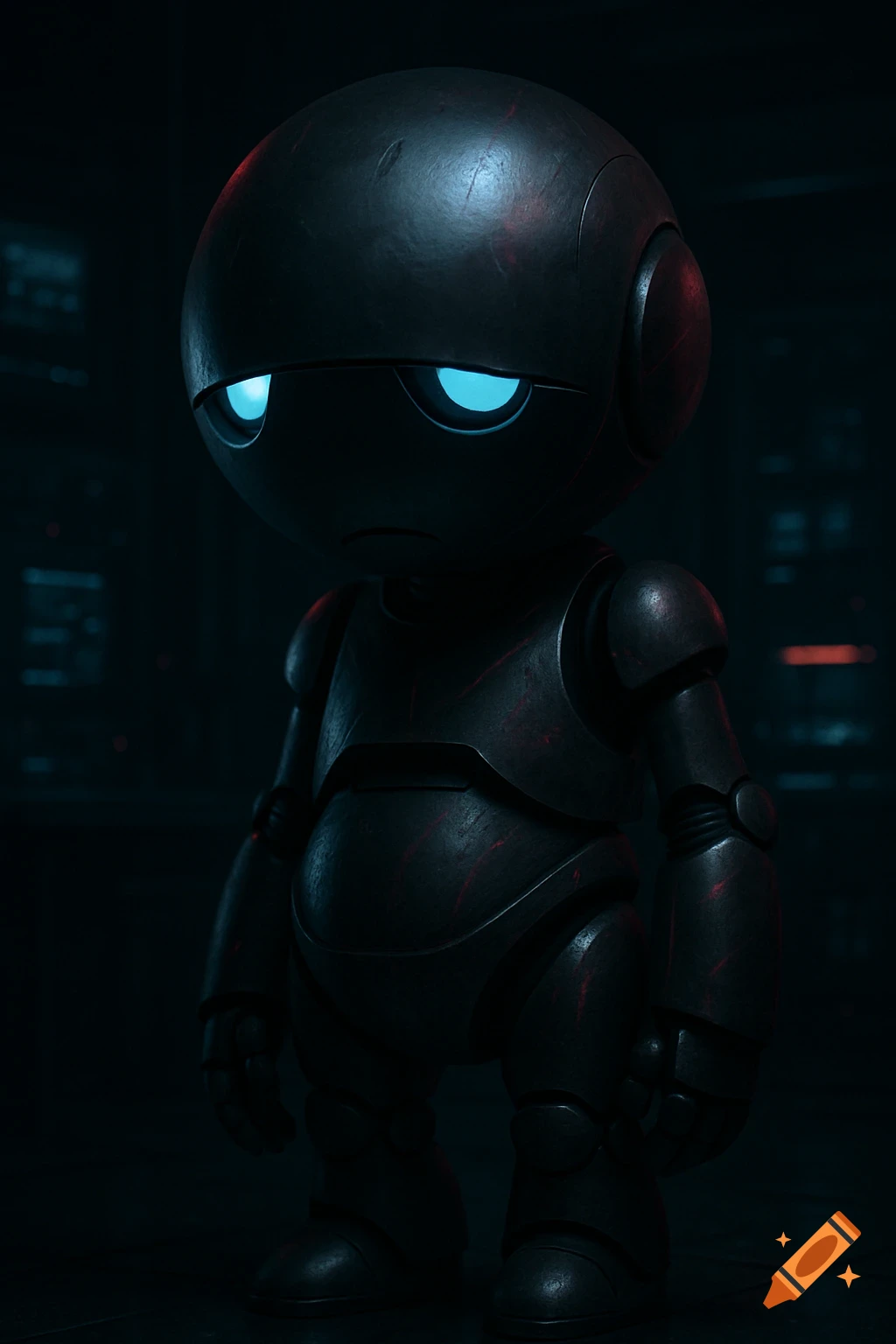 A dark, metallic robot with glowing blue eyes stands in a dimly lit, futuristic setting, looking pensive.