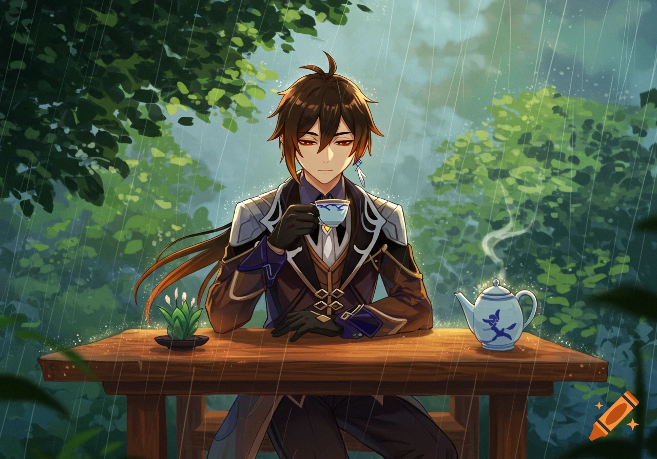Anime illustration of Zhongli from Genshin Impact, sitting at a wooden table outdoors, sipping tea while it rains.