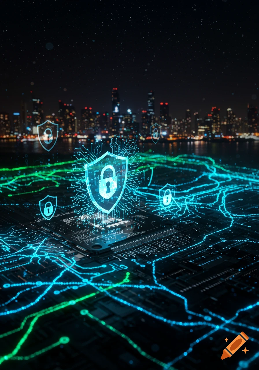 Digital security concept with glowing circuit board patterns, shield and padlock icons over a futuristic city at night.