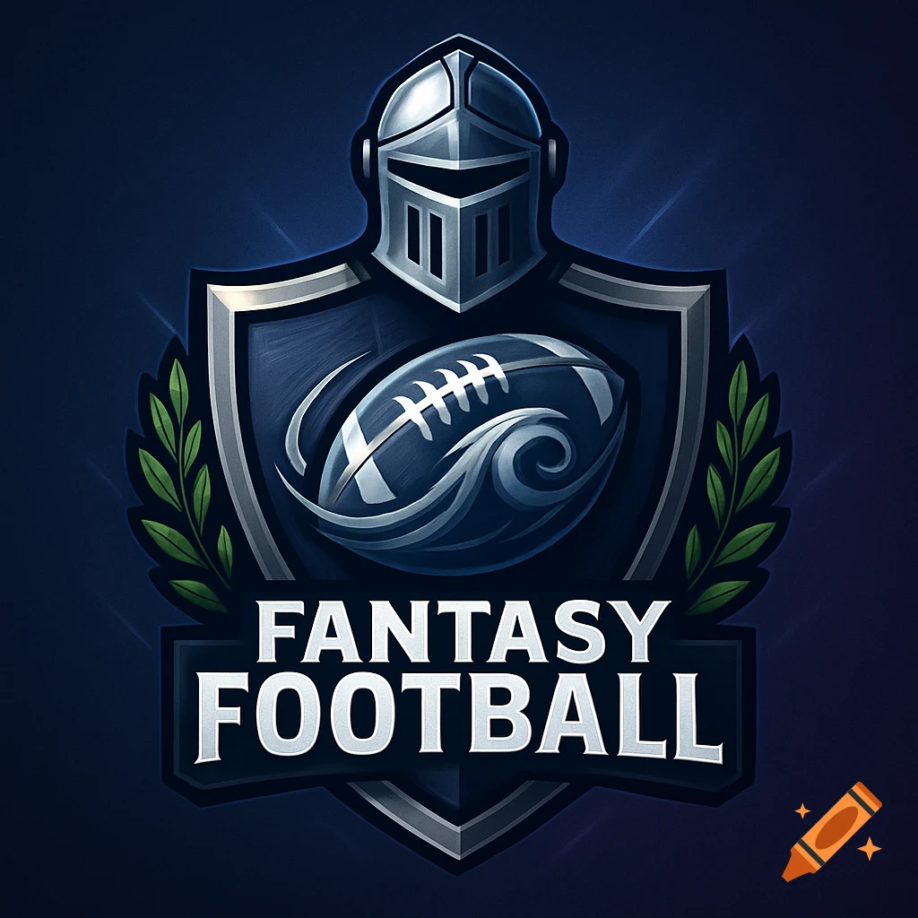 Detailed fantasy football logo featuring a knight's helmet, shield, a stylized football, and 'FANTASY FOOTBALL' text.