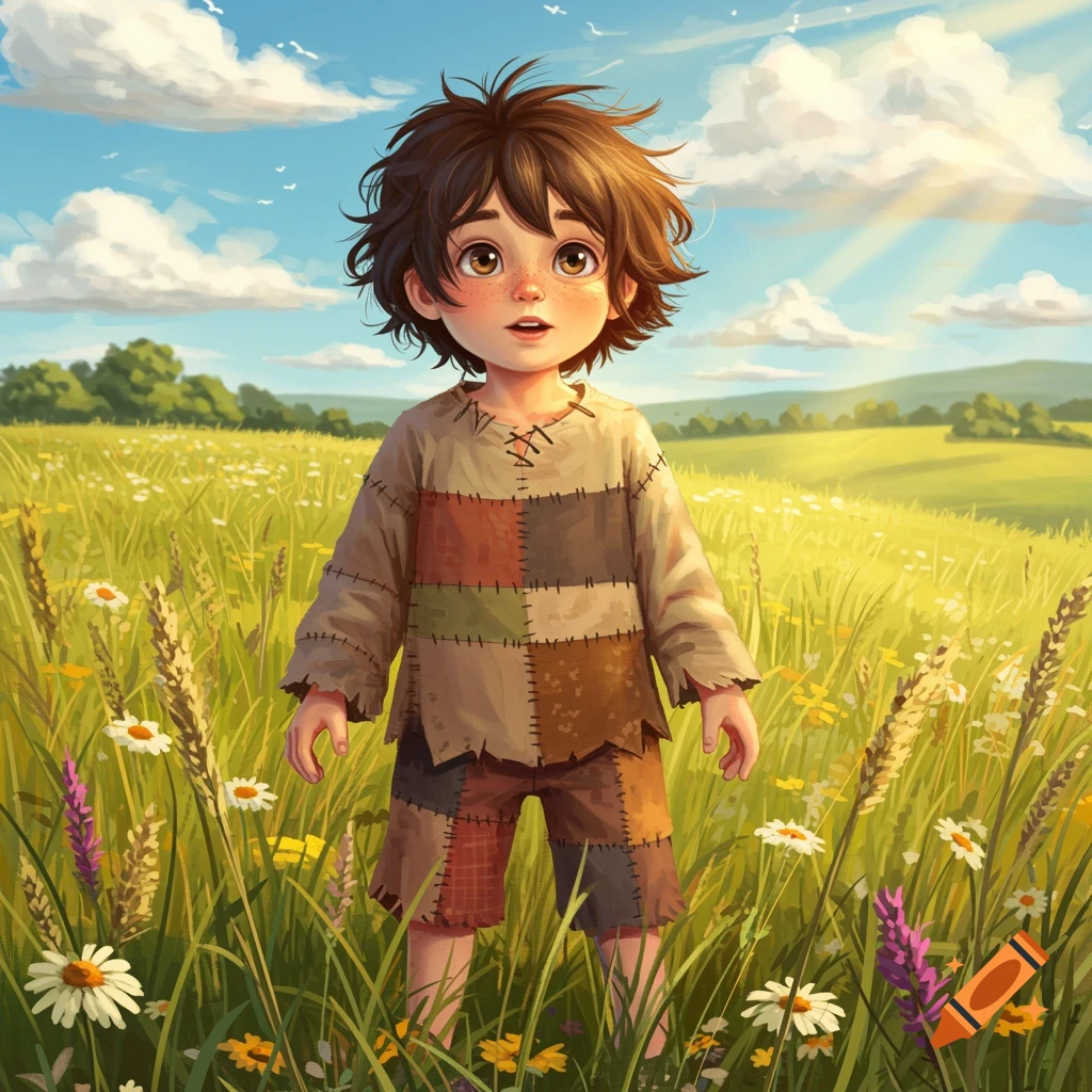 A young boy with unkempt brown hair and a patchwork tunic stands in a sunny, flower-filled meadow.