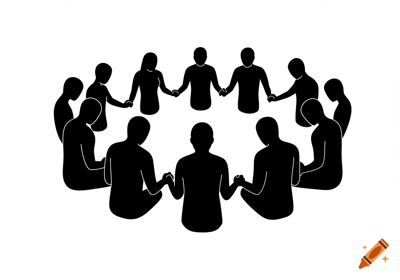 Black silhouettes of people holding hands in a circle, representing unity and community.