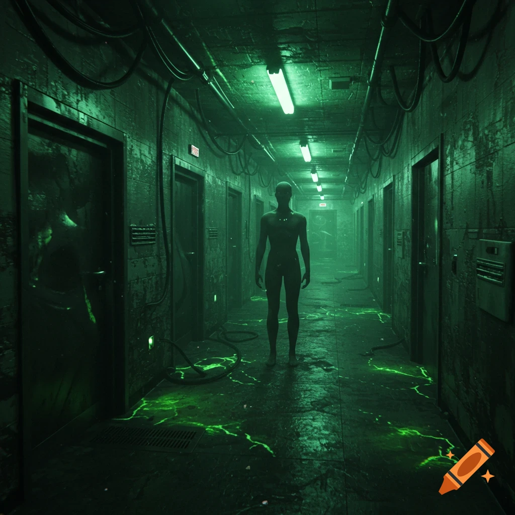 A faceless humanoid creature stands in a dark, grimy industrial hallway with glowing green liquid on the floor, in a photorealistic, eerie style.