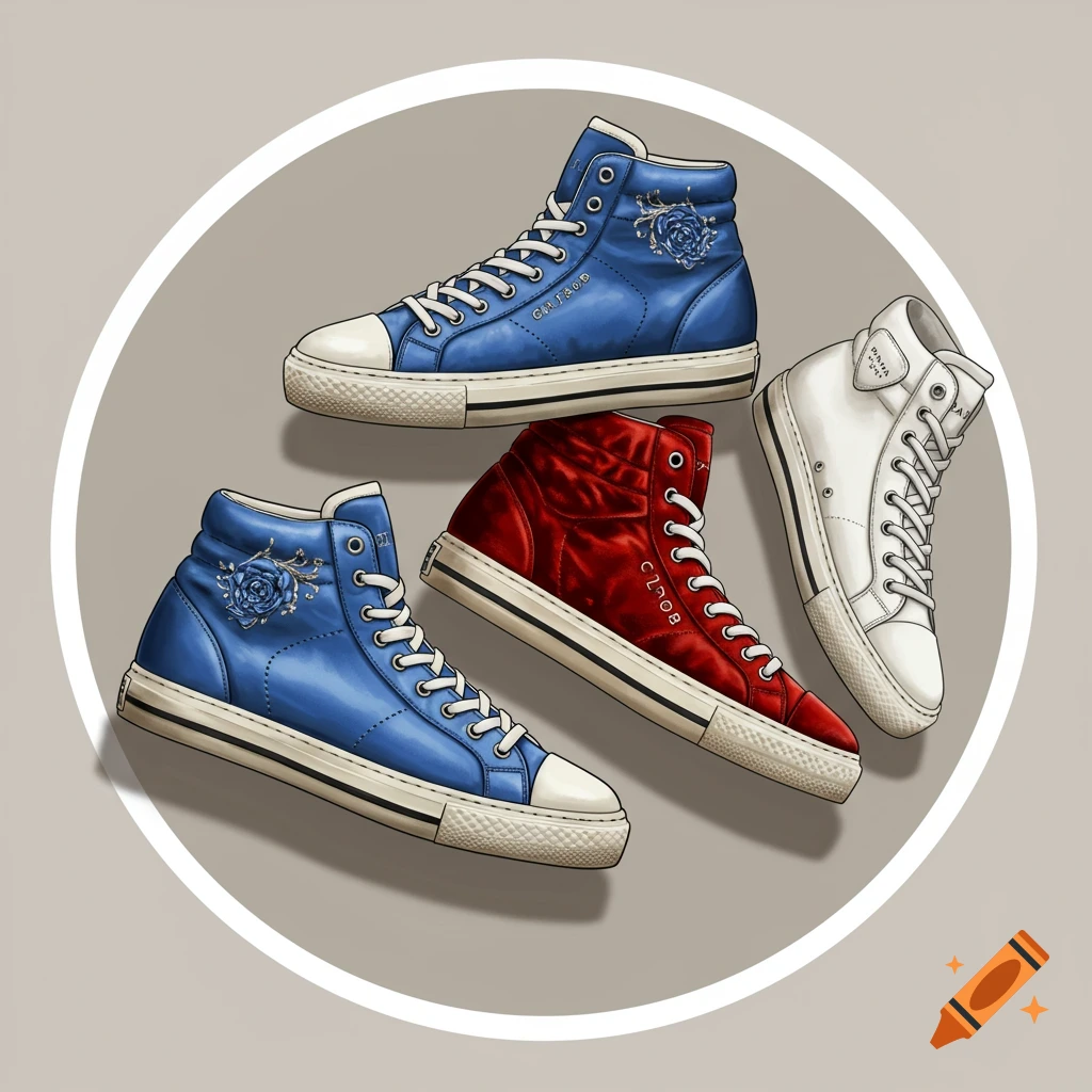 Four high-top sneakers in blue, red, and white, with various textures, arranged in a circle on a grey background.