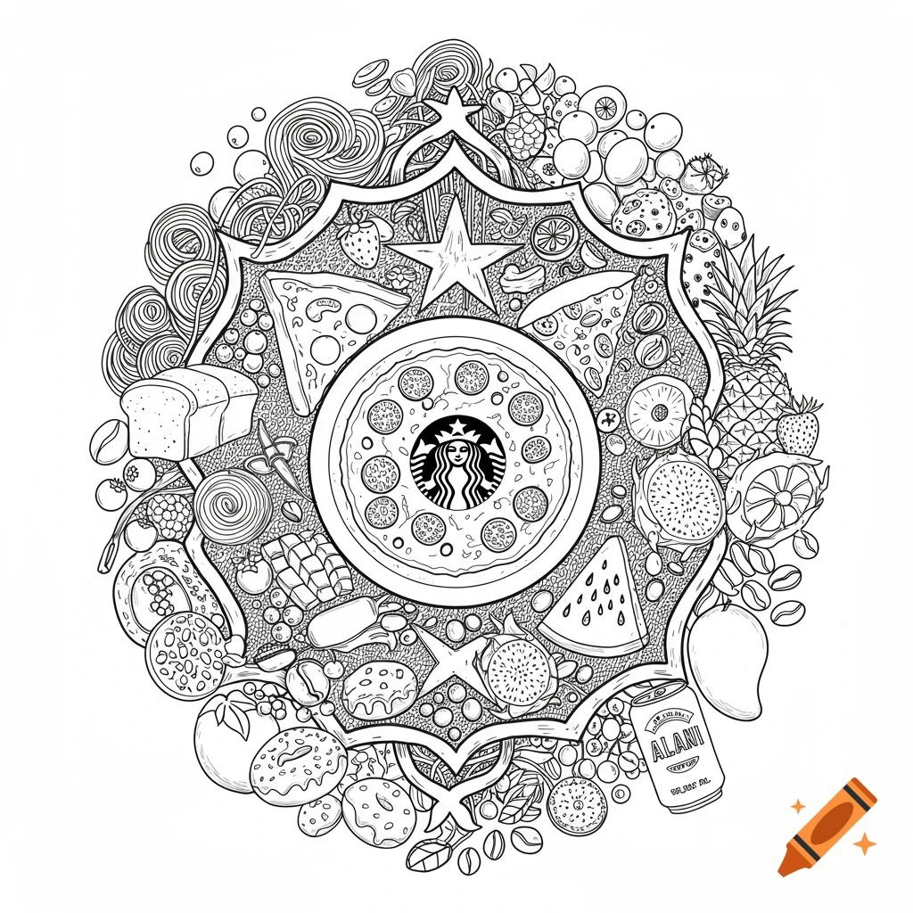 Detailed black and white line art of a food crest or mandala, featuring pizza, bread, fruits, and a Starbucks logo.