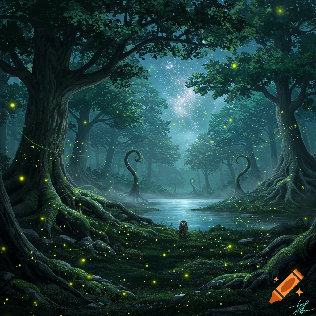 A dark, fantastical forest at night, with an owl by a glowing pond, and fireflies illuminating the trees and ground.