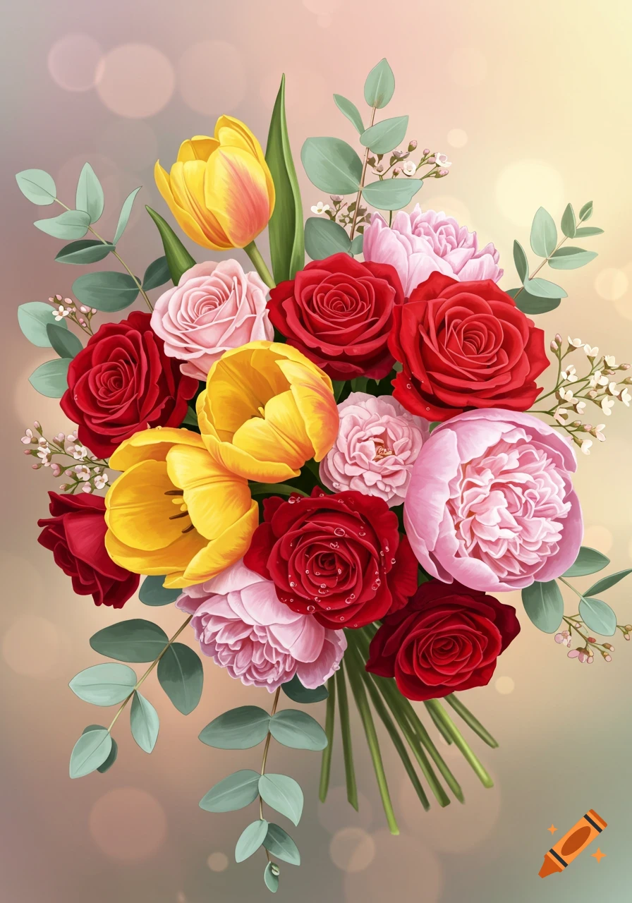 A vibrant bouquet of red roses, pink peonies, and yellow tulips with eucalyptus leaves against a soft bokeh background.