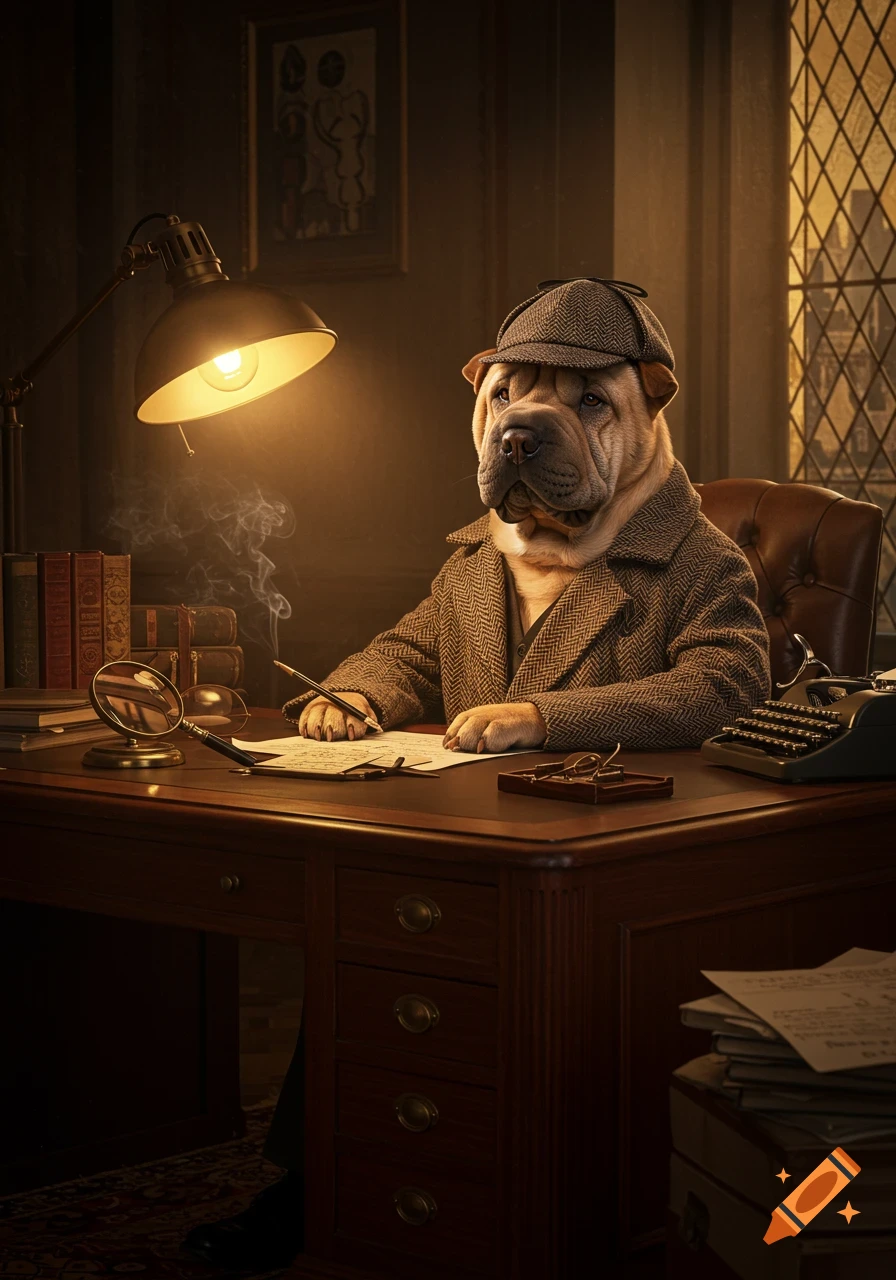 A photorealistic Shar Pei dog detective wearing a tweed coat and hat, sitting at a wooden desk under a lamp, writing with a pen.