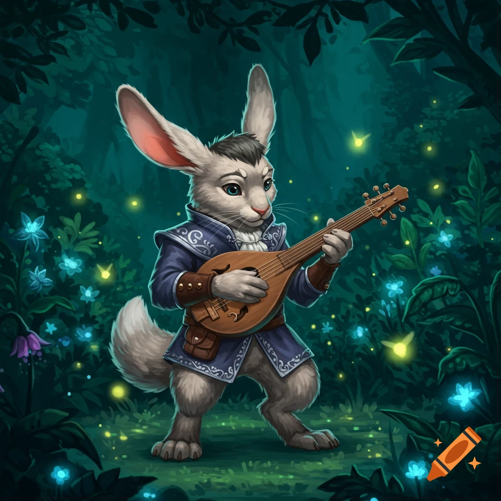 A gray anthropomorphic rabbit bard plays a lute in a lush, enchanted forest with glowing blue flowers and fireflies.