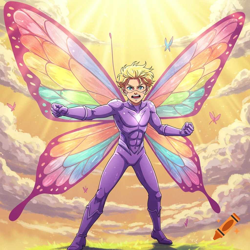 Anime style blond teen boy in a lavender superhero costume with large rainbow butterfly wings in an action pose under a sunny sky.