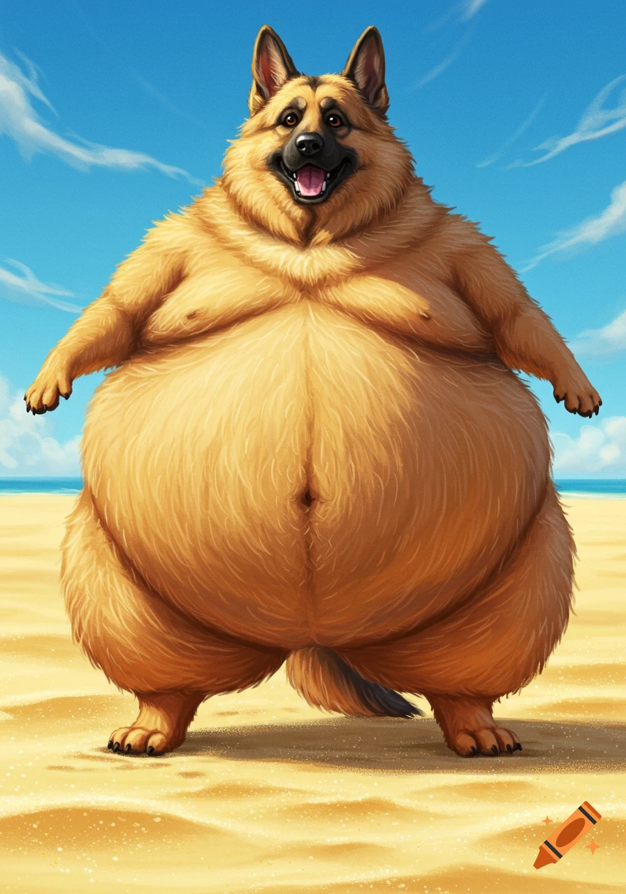 An extremely obese German Shepherd dog stands on a sandy beach with its front paws outstretched, under a blue sky.