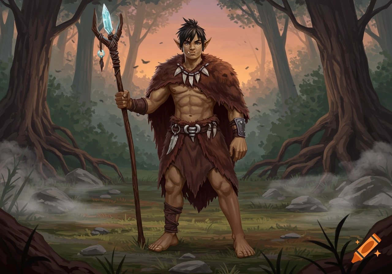 An orc shaman in a bearskin cloak holds a crystal-topped staff in a misty forest at sunset, digital painting.