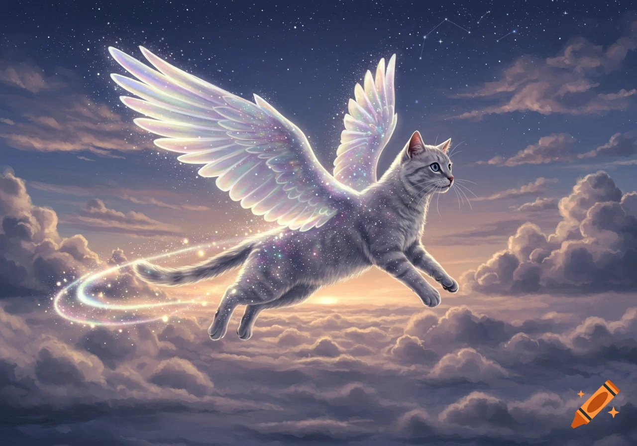 A glittery gray cat with iridescent, feathery wings flies through a star-filled sky above soft clouds, with a warm sunset glow below.