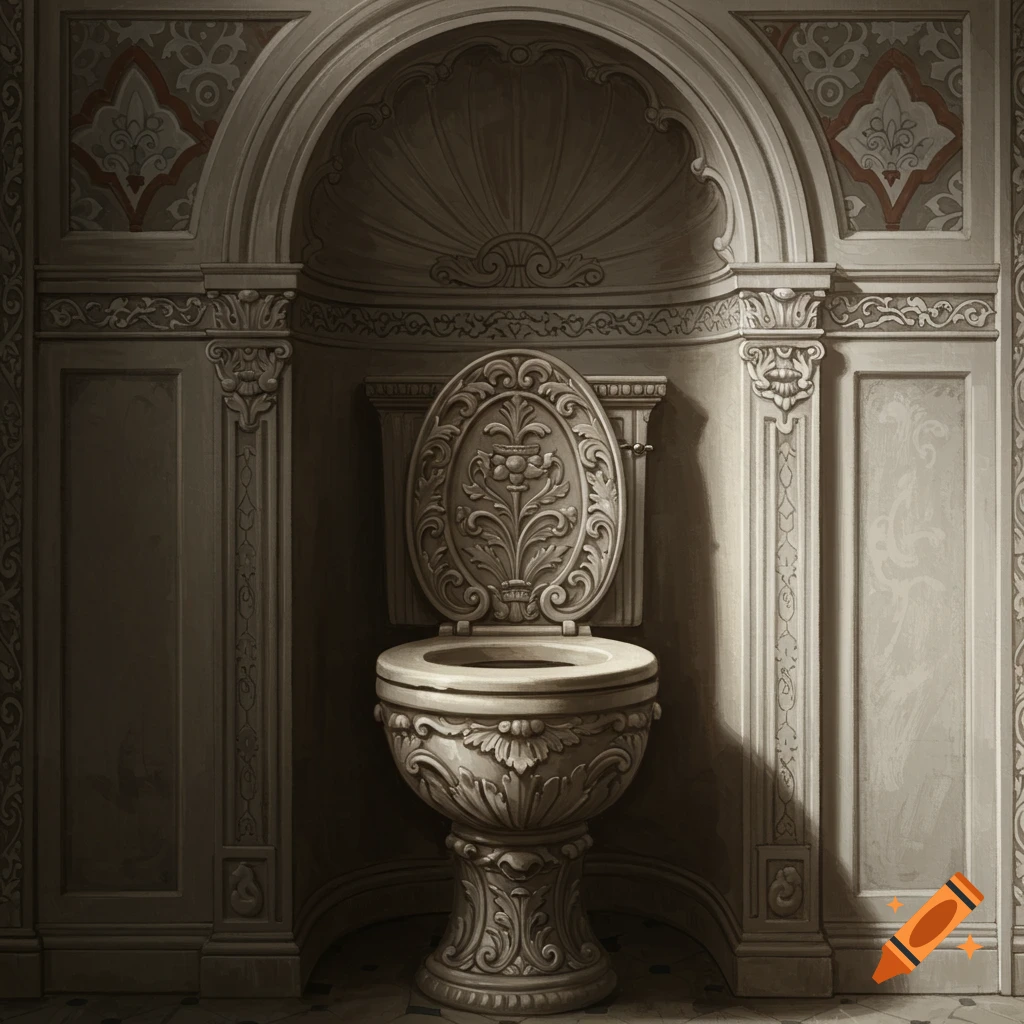 An ornate, carved stone toilet in a Renaissance-style architectural niche with decorative walls and patterns.