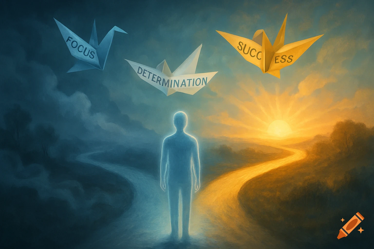 A glowing silhouette at a path's fork, one path to a bright sunrise, the other dark. Origami labeled 'FOCUS,' 'DETERMINATION,' 'SUCCESS' float.