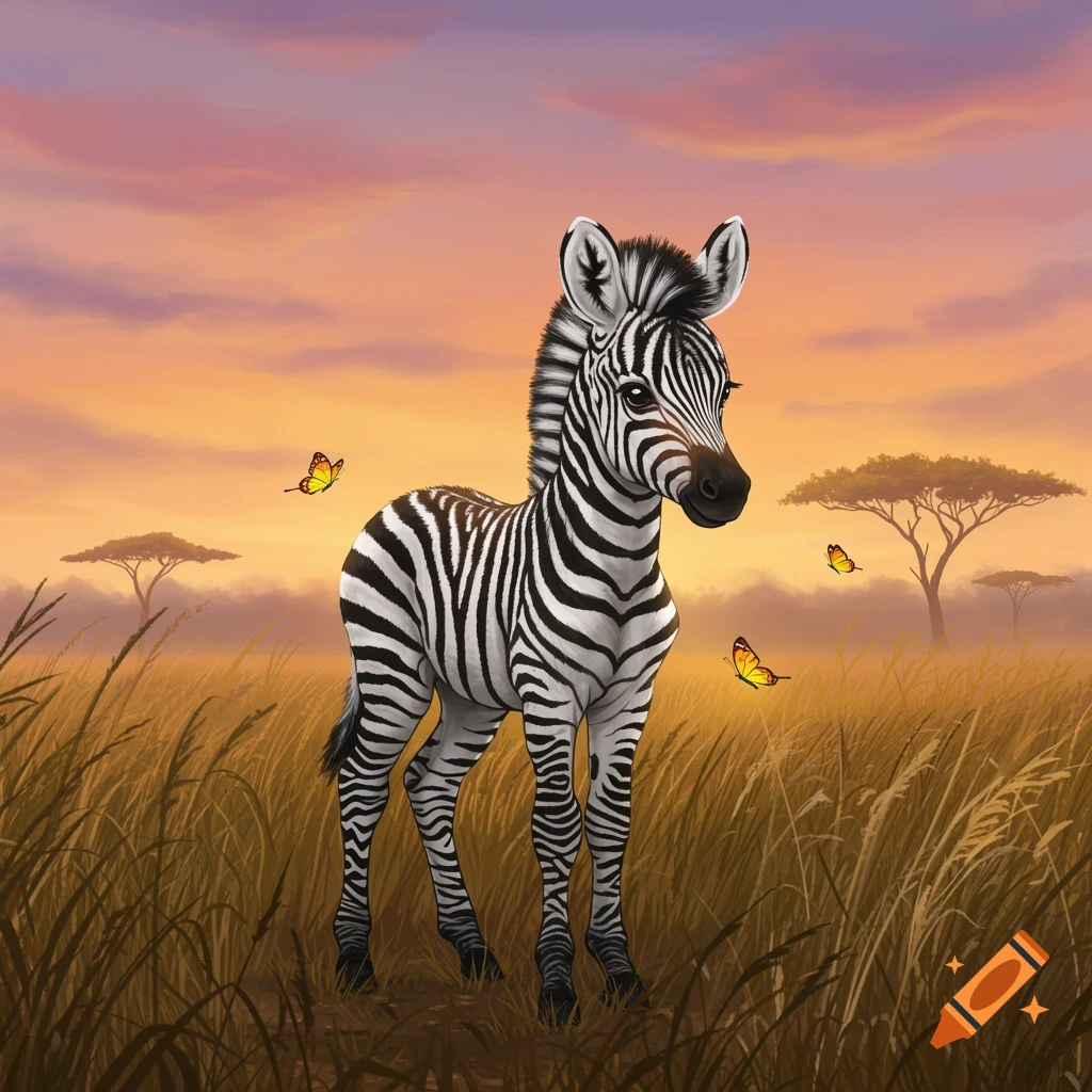 A cute baby zebra stands in tall grass at sunset in a savannah, with butterflies fluttering around. Illustrated style.
