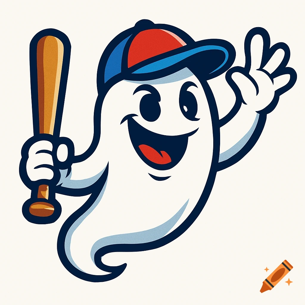 A cartoon white ghost wearing a red and blue baseball cap, holding a baseball bat, smiling and waving, in a vector art style.